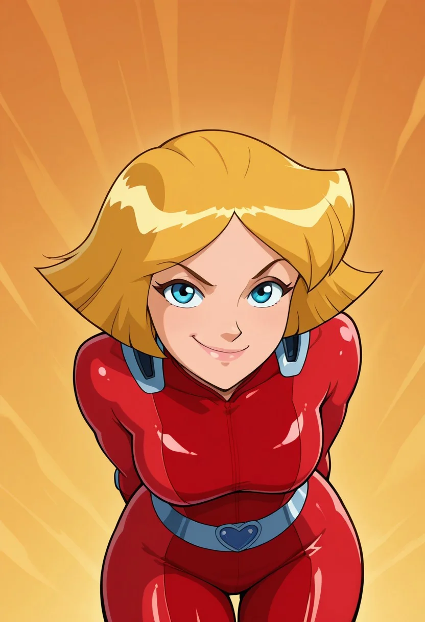 masterpiece, best quality, good quality, 1girl, solo, cartoon, parody, official style, cl0ver_totally_spies, short hair, blonde hair, blue eyes, red bodysuit, sexy, fit, medium breasts, wide hips, thick thighs, bottom heavy, beautiful, detailed, high detailed, very beautiful, detailed face, detailed eyes, detailed hand, abstract background, smile, smirk, posing, pose, hands behind back, leaning forward, looking at viewer, face focus, closeup