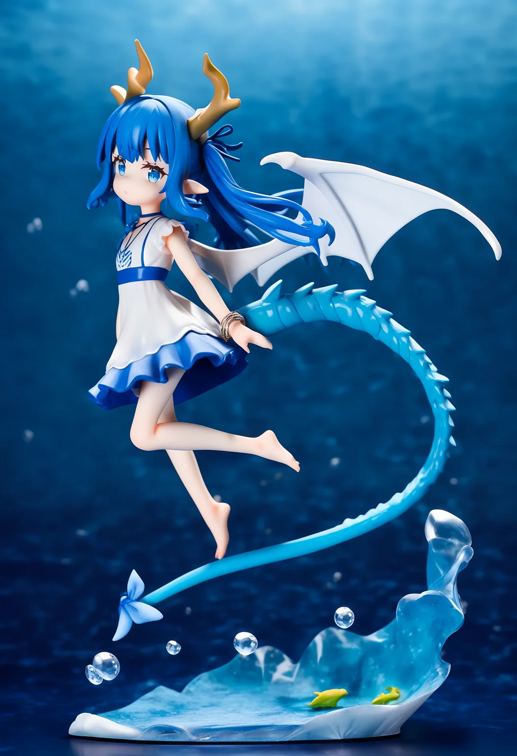 1girl,
pvc figure,
dragon girl, solo, wings, (1o1i:1.3), full body, long hair, underwater, bubble, necklace, blue hair, looking at viewer, jewelry, blue ribbon, horns, dragon horns, dragon wings, ribbon, white shirt, sidelocks, pointy ears, barefoot, bracelet, white skirt, skirt, hair ribbon, blue eyes, blue dress, shirt, tail, dragon tail, air bubble, dress,
masterpiece, newest, absurdres, safe
<lora:kohaku-xl-epsilon-addon-lyco:1.0>