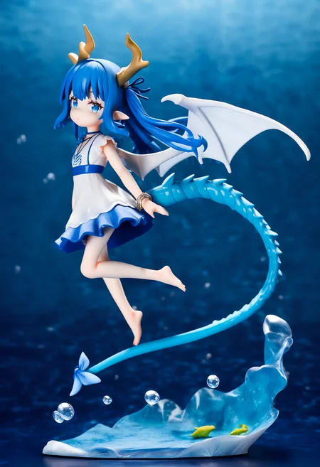 1girl,
pvc figure,
dragon girl, solo, wings, (1o1i:1.3), full body, long hair, underwater, bubble, necklace, blue hair, looking at viewer, jewelry, blue ribbon, horns, dragon horns, dragon wings, ribbon, white shirt, sidelocks, pointy ears, barefoot, bracelet, white skirt, skirt, hair ribbon, blue eyes, blue dress, shirt, tail, dragon tail, air bubble, dress,
masterpiece, newest, absurdres, safe
<lora:kohaku-xl-epsilon-addon-lyco:1.0>