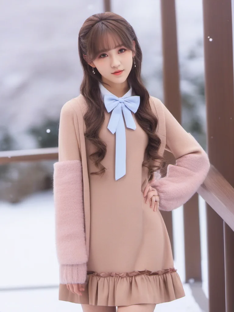 masterpiece, best quality, girl, long hair, looking at viewer, brown cardigan , frilled socks, hair_bow, bowtie, in winter, blush, sweater dress, ,<lora:sl_sila:0.8>