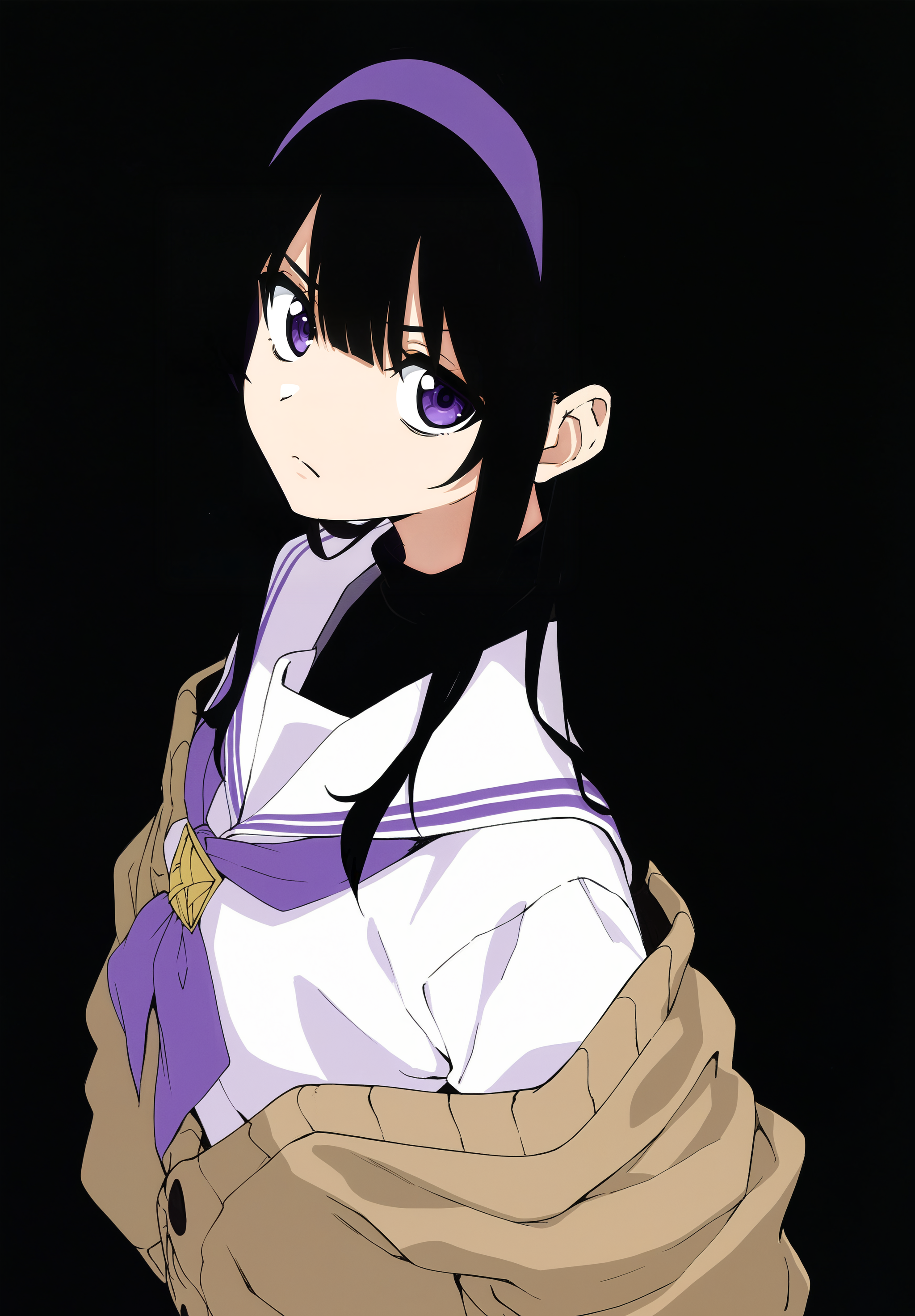 <lora:MeMax5-noob-vpred:1>,1girl,black undershirt,blending,brown cardigan,cardigan,from side,from above,closed mouth,frown,black hair,hairband,long hair,looking at viewer,neckerchief,negative space,off shoulder,purple eyes,purple hairband,purple neckerchief,sailor collar,shirt,simple background,black background,solo,white sailor collar,white shirt,
