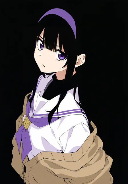 <lora:MeMax5-noob-vpred:1>,1girl,black undershirt,blending,brown cardigan,cardigan,from side,from above,closed mouth,frown,black hair,hairband,long hair,looking at viewer,neckerchief,negative space,off shoulder,purple eyes,purple hairband,purple neckerchief,sailor collar,shirt,simple background,black background,solo,white sailor collar,white shirt,