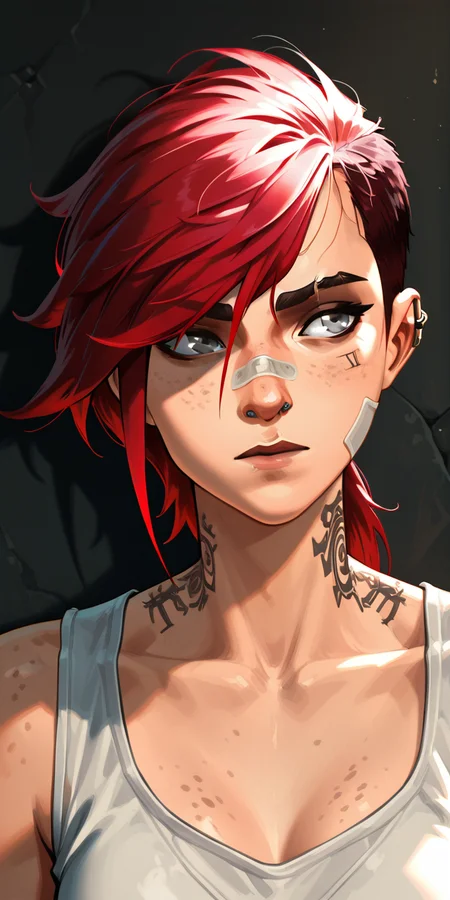 ydstlvi, 1girl, solo, long hair, bangs, shirt, collarbone, grey eyes, white shirt, red hair, short hair, multicolored hair, grey eyes, tattoo, piercing, ear piercing, classicviolet, portrait, bare shoulders, bandaid, freckles, nose, asymmetrical bangs, bandaid on face, bandaid on nose, neck tattoo, nose piercing, eyebrow cut, vi \(league of legends\) <lora:ydstlvi:1>