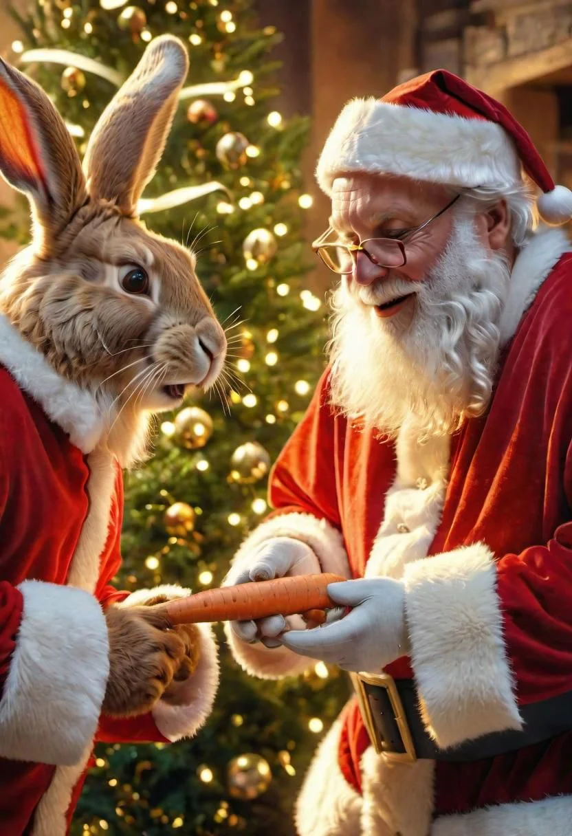 The easter bunny is giving laughing Santa claus a carrot with a ribbon, surprise, happiness, joy, festive background, gldnglry, highly realistic, highly detailed, 8k