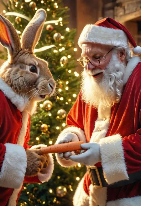 The easter bunny is giving laughing Santa claus a carrot with a ribbon, surprise, happiness, joy, festive background, gldnglry, highly realistic, highly detailed, 8k