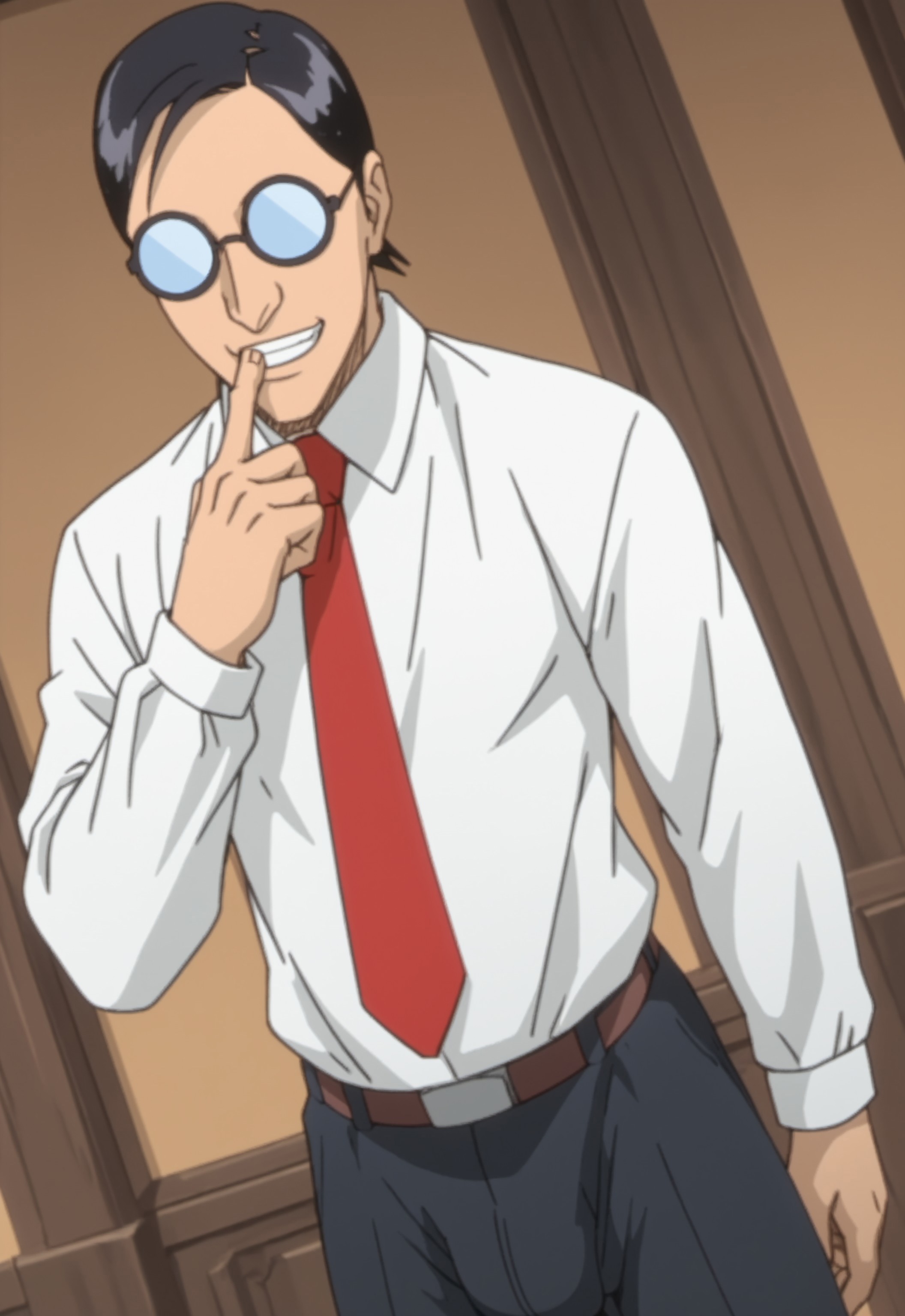 safe_pos, safe_pos, score_9, score_8_up, score_7_up, rating_nsfw, ultra hd, absurdres, masterpiece, best quality, best aesthetic, solo, 1boy, male focus, erotic, mature male, Expressiveh, wolfconf,

BleachUgaki, glasses, white shirt, red necktie, pants, black hair, anime screencap, dutch angle, smiling, facing viewer, shh, ((big bulge)), be quiet!, ((finger over mouth))