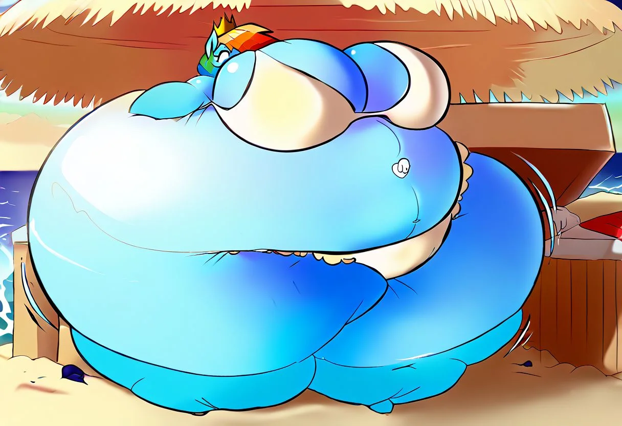 Rainbow Dash, My Little Pony, belly inflation, wearing bra, wearing panties, gigantic belly, outie navel, at the beach, painful face, wearing bra, wearing panties, ssbbw, obese, biggest breast, fat, ssbbw, sumo, breast, bikini, lingerie score_9, score_8_up, score_7_up, score_6_up, score_5_up, score_4_up, detailed background, anthro, furry, female, ((pony)), (fluffy fur:0.5), long hair, crown, (bikini, accumulated energy), (blimptits, blimphips, blimpthighs, obese), inflating, g4, pony, inflatable pony, living inflatable, bimbo, wearing a dress, (fancy dress, white dress), siting in a beach chair