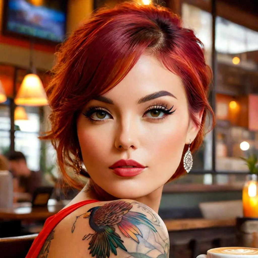 A photorealistic depiction of a graceful lady with a bird tattoo, seated casually in a cozy coffee shop. The shop is warmly lit, with rustic decor and a view of a bustling city street outside. Her tattoo is a vibrant phoenix on her back, visible through an elegant backless dress. Created Using: warm color palette, urban setting, relaxed posture, detailed tattoo art, soft indoor lighting, modern fashion, inviting ambiance, clear focus on the tattoo, glibatree prompt, hd quality, natural look --ar 1:1`