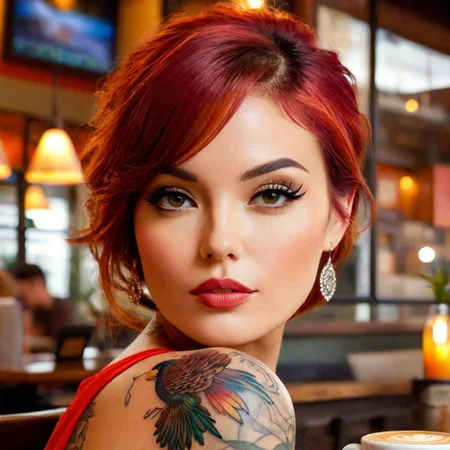 A photorealistic depiction of a graceful lady with a bird tattoo, seated casually in a cozy coffee shop. The shop is warmly lit, with rustic decor and a view of a bustling city street outside. Her tattoo is a vibrant phoenix on her back, visible through an elegant backless dress. Created Using: warm color palette, urban setting, relaxed posture, detailed tattoo art, soft indoor lighting, modern fashion, inviting ambiance, clear focus on the tattoo, glibatree prompt, hd quality, natural look --ar 1:1`
