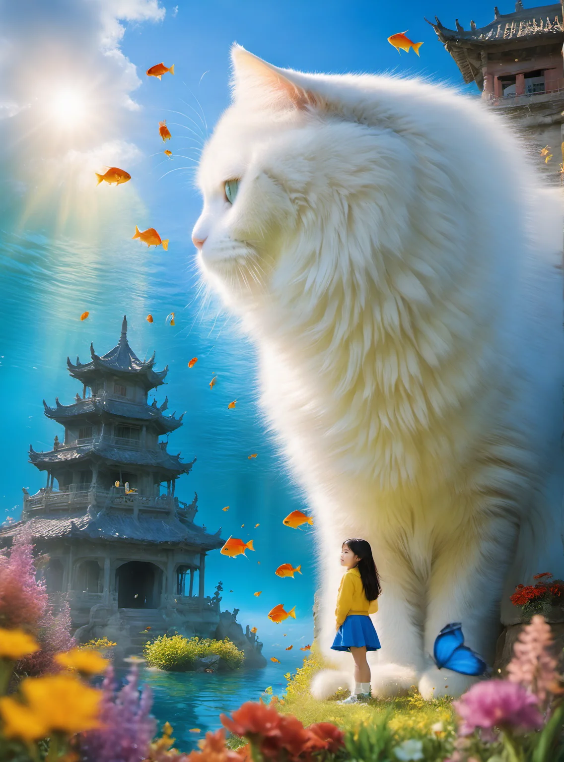 <lora:white cat è¿æV1.0-0008:0.9>,large white cat,a young girl,Sunlight is shining into the sea. There is a gorgeous dragon palace at the bottom of the sea,and the details are clear. Colorful fish are swimming around,, (masterpiece, best quality, highres:1.2),