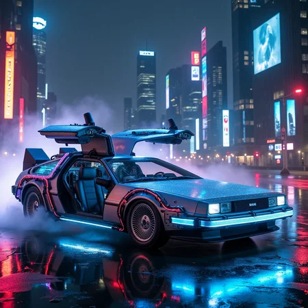 A futuristic cyberpunk city at night, glowing neon lights, towering skyscrapers with holograms, rainy atmosphere. In the foreground, an iconic DeLorean car, upgraded with cyberpunk gadgets: covered in glowing neon lines, equipped with holographic displays, robotic attachments, retractable wings, and futuristic tires. The car is surrounded by light smoke reflecting neon colors. The atmosphere is high-tech, highly detailed, with cinematic lighting.