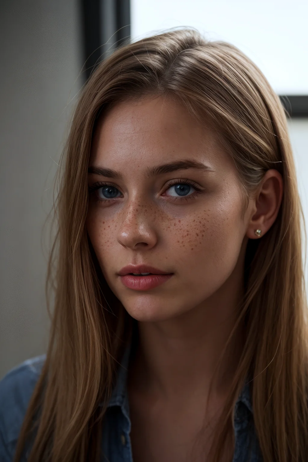Photo portrait of a 24-year-old Dutch woman, her expression a mix of defiance and pensiveness. Her face is adorned with subtle freckles, and her long, dark blonde hair falls straight around her shoulders. Her piercing blue eyes captivate the viewer, radiating depth and emotion. The portrait features soft, natural lighting with a shallow depth of field, highlighting her striking features and creating an intimate, photorealistic atmosphere.