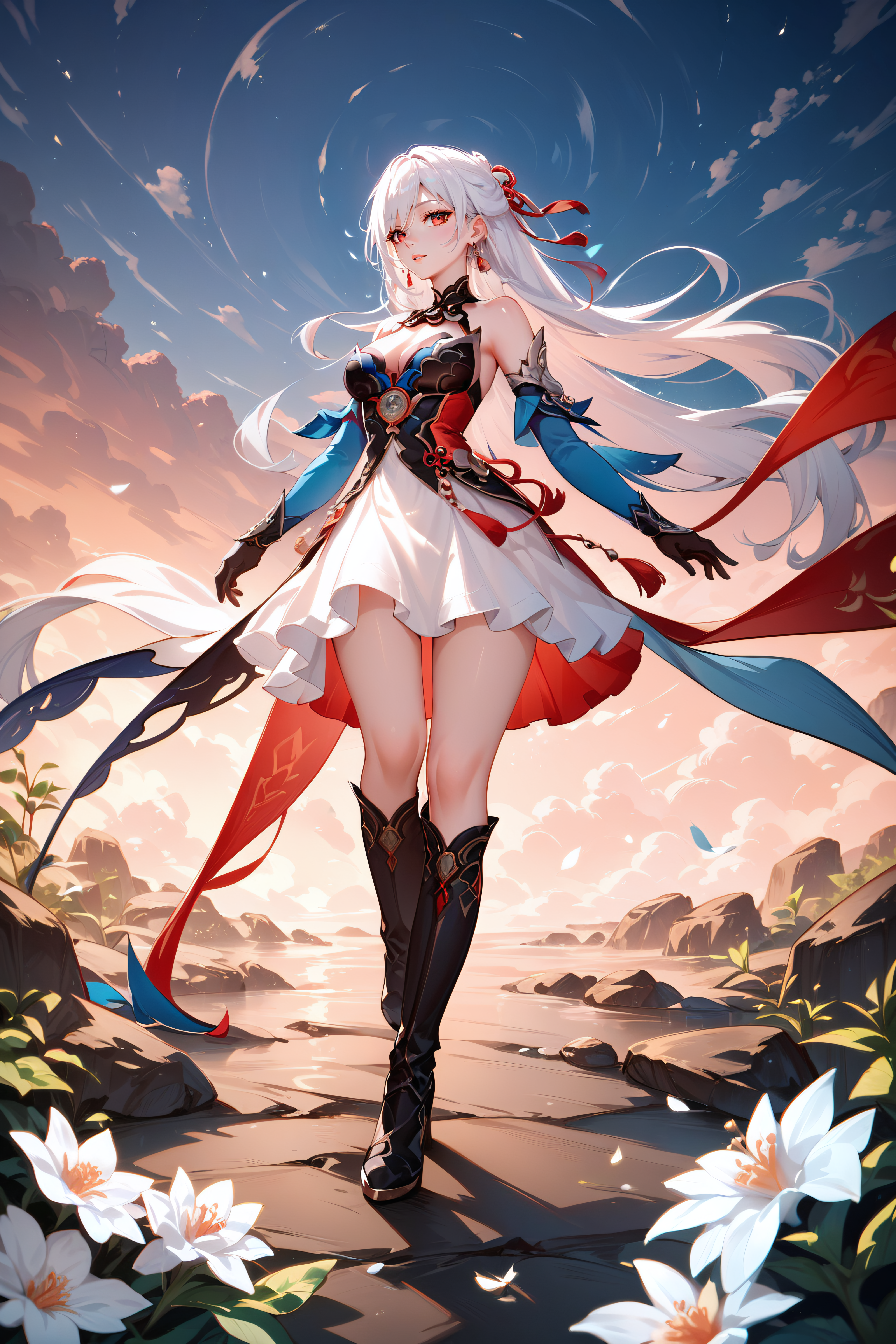 score_9, score_8_up, score_7_up, <lora:Jingliu-PonyXL-lora-faxtron:0.8> jingliu, red eyes, white hair, long hair, medium breasts, dress, cleavage, bare shoulders, jewelry, earrings, detached sleeves, gloves, boots,