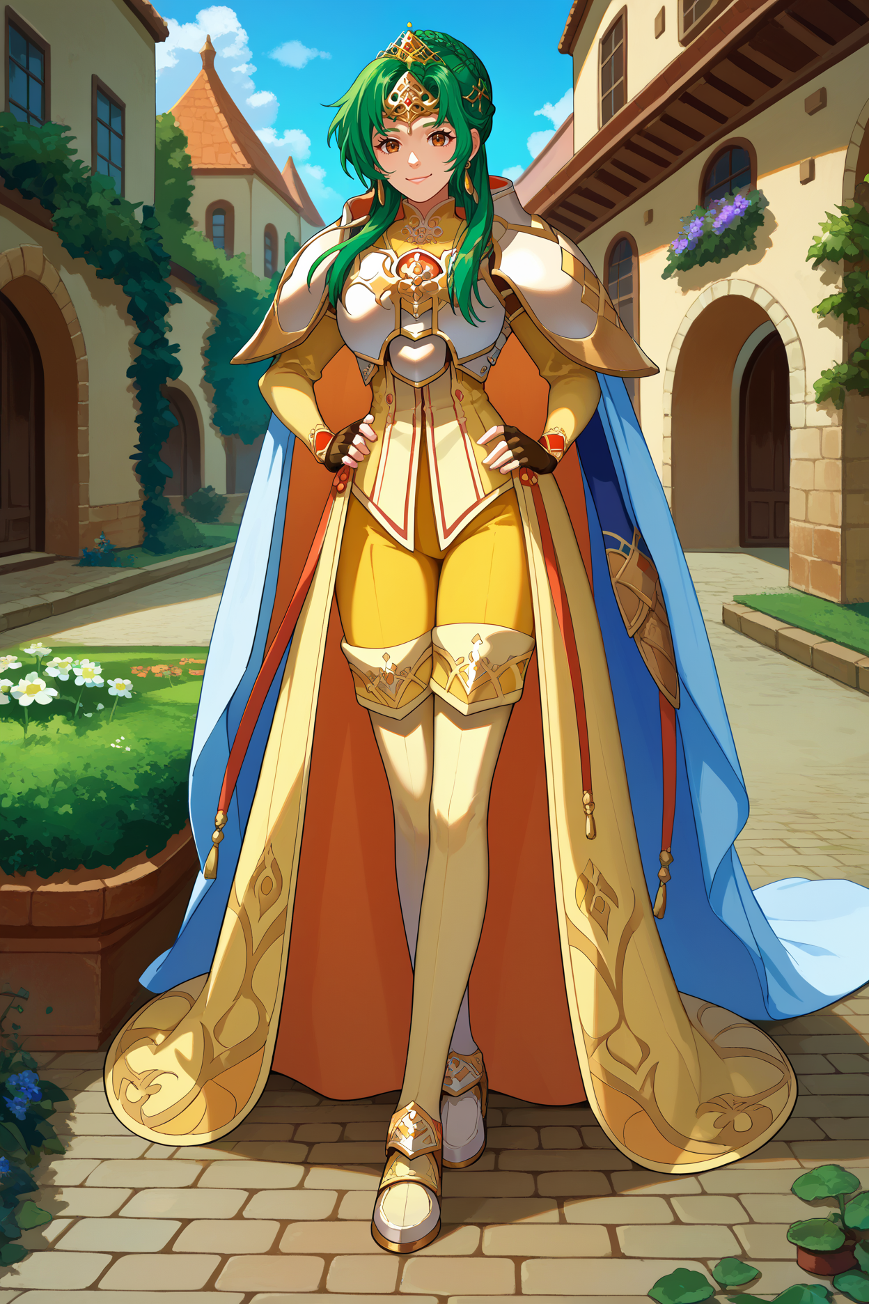 score_9, score_8_up, score_7_up, score_6_up, source_anime, 1girl, solo, <lora:elincia-pdxl-nvwls-000005:1> lgdElincia, green hair, hair bun, long hair, braid, brown eyes, gold tiara, crown, earrings, white cape, armored dress, white armor, gold trim, yellow pants, fingerless gloves, white thighhighs, large breasts, full body, hand on hip, cobblestones, garden, blue sky, clouds, looking at you, smile