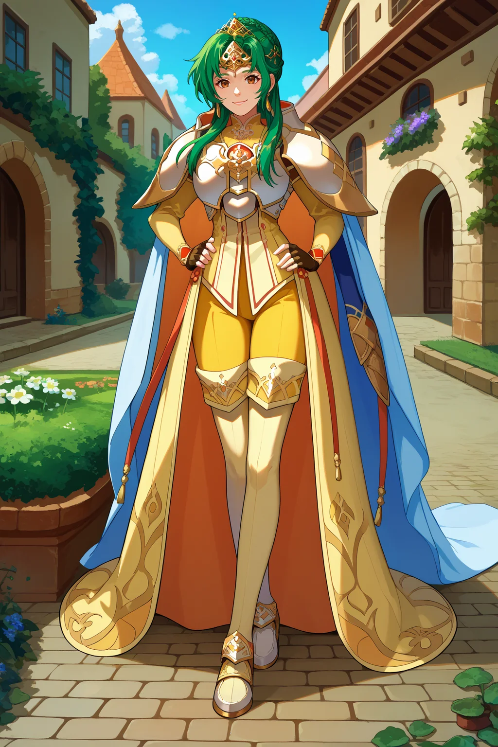 score_9, score_8_up, score_7_up, score_6_up, source_anime, 1girl, solo, <lora:elincia-pdxl-nvwls-000005:1> lgdElincia, green hair, hair bun, long hair, braid, brown eyes, gold tiara, crown, earrings, white cape, armored dress, white armor, gold trim, yellow pants, fingerless gloves, white thighhighs, large breasts, full body, hand on hip, cobblestones, garden, blue sky, clouds, looking at you, smile