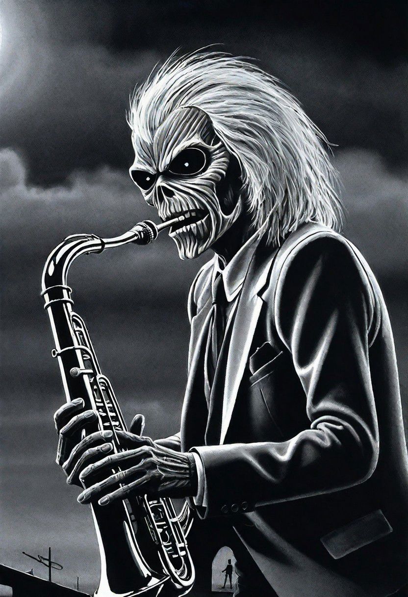 black and white illustration, masterpiece, top quality, best quality, highest quality, highest detailed, Simon Stlenhag Style, hmvi style, close up, Ink art of a monster, on a dark smoky stage playing a trombone, wearing noir clothing, like a suit and tie, iron maiden poster 1988, an airbrush painting,
