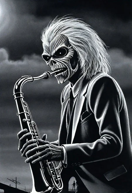 black and white illustration, masterpiece, top quality, best quality, highest quality, highest detailed, Simon Stlenhag Style, hmvi style, close up, Ink art of a monster, on a dark smoky stage playing a trombone, wearing noir clothing, like a suit and tie, iron maiden poster 1988, an airbrush painting,