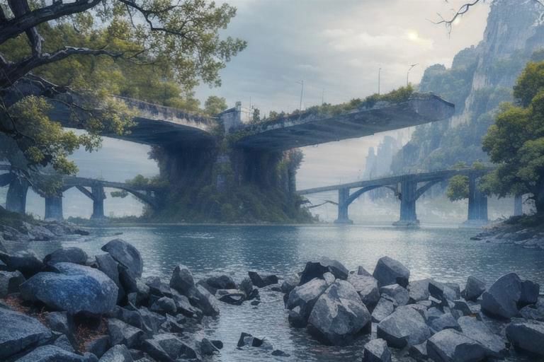 (Realistic:1.5) EdobLandscapeAlpha , outdoors, thorns, signature, blue theme, evening, alien, bridge, solo, rock, forest, <lora:EdobLandscapeAlpha_v1.0:0.8>
