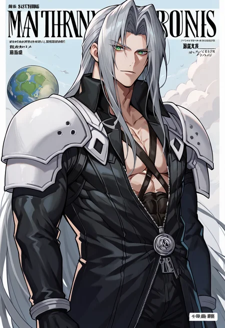 score_9, score_7_up, <lora:StS_PonyXL_Detail_Slider_v1.4_iteration_3:2> cowboy shot, standing, magazine cover, rope bridge, :|, planet, unzipped,
<lora:FFVII_Sephiroth_V1.0:1> sephiroth, bare chest, abs, official outfit, 1boy, male focus, solo, long hair, grey hair, armor, open clothes, shoulder armor, long sleeves, pectorals, black jacket, jacket, very long hair, parted bangs, black gloves, high collar, long bangs, black coat, green eyes, slit pupils, looking at viewer