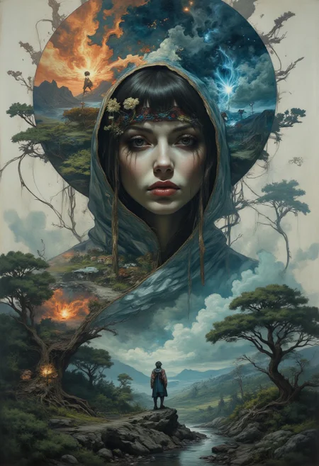 Portrait by Dorota Pietrowiak, looking at the viewer, concept art, landscape of a female character from street fighter universe, stylized by Ernst Haas, ultra close up, half face focused, ambient, surreal, perfect background, enchanted, full color