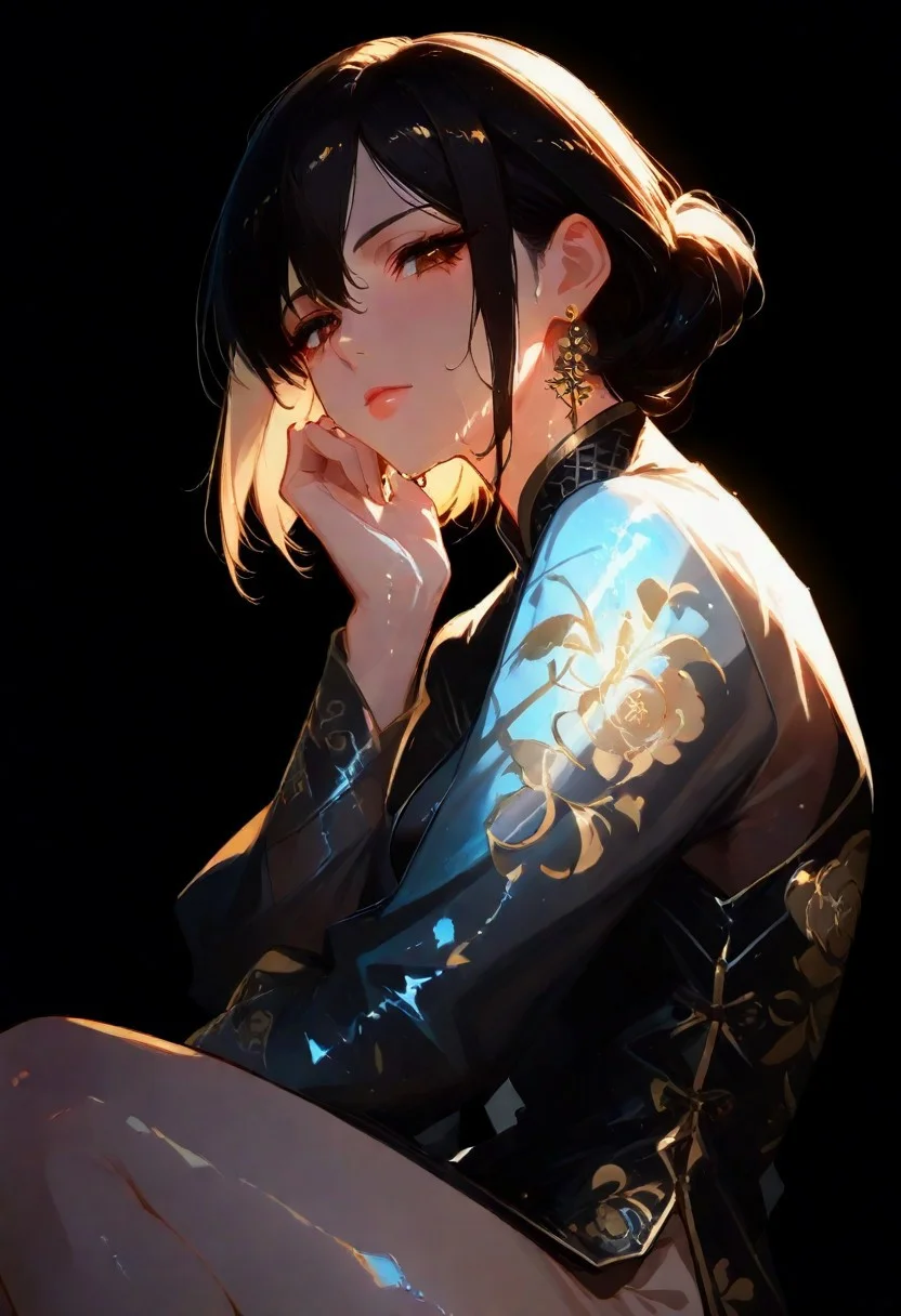 masterpiece, best quality, good quality, very aesthetic, absurdres, newest, EtherStyle, usnr, 748cmstyle, backlit, backlighting, sunset, 1girl,milf, mature women, mature female,solo, sitting,sit down,looking at viewer, glancing ,glance,glare,short hair, shirt, black hair, long sleeves, closed mouth, jewelry, brown eyes, earrings, lips, bodysuit, chinese clothes,shiny clothes, Chinese dress,black dress,see through ,wet clothed, soaked,floral print, black background,chin on hand,
Eye reflections, global illumination, ray tracing,bright eyes, simple background,
Ethereal Moonlight Lighting,Cool And Blue Lighting,backlit,(backlighting), <lora:ponyv5_noobV065S_1_adamW-000013:0.7> <lora:USNR_STYLE_XL_lokr:0.5> <lora:EtherSDXL:0.15> <lora:748cmSDXL:0.3> <lora:backlitILL:0.8>