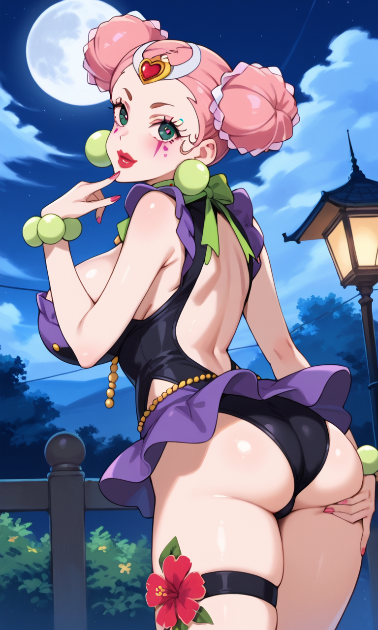 (1girl:1.5), (solo:1.3), (score_9, score_8_up, score_7_up, score_6_up, score_5_up, score_4_up), (source_anime), rating_questionable, looking at viewer, (cowboy shot:1.3), outdoors, moon,  night, night sky, 
 <lora:puririn-uncock_v1:1> (puririn-uncock), (dark green eyes, pink hair, hair bun, double bun, forehead, hair ornament, tiara, red lips, lipstick, makeup, earrings, nail polish, heart), (leotard, clothing cutout, navel cutout, bare shoulders, green bowtie, choker, purple frills, yellow wristband, purple skirt, miniskirt, bare legs, thigh strap flower), (cleavage, huge breasts), (facepaint:1.5), smile,
 (looking at viewer, looking back, from behind:1.5)