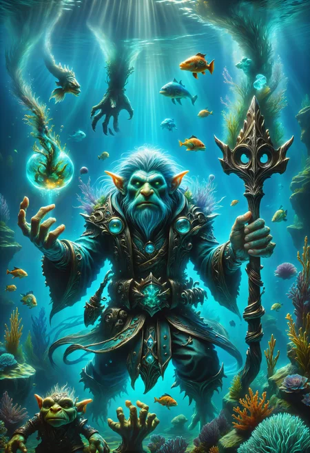 hyper detailed masterpiece, dynamic, awesome quality, a male caster conjuring underwater troll DonMM4g1cXL magic, wand <lora:DonMM4g1cXL_v1.2:1>, Perfect Hands, <lora:Perfect Hands:1>