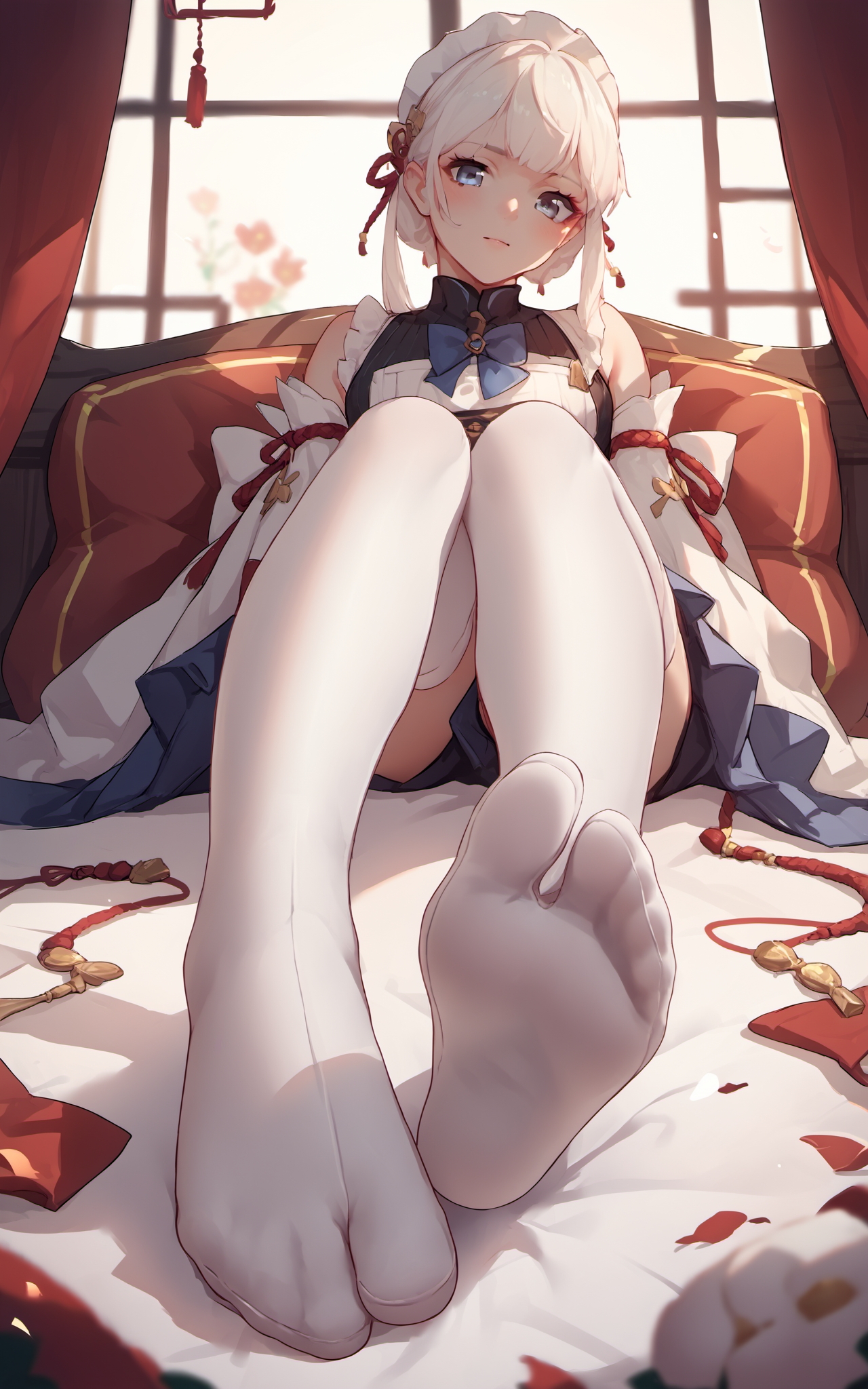 score_9,score_8_up,score_7_up,score_6_up,score_5_up,score_4_up,source_anime,1girl,<lora:tabi_pony-000017:0.8>,tabi,foot focus,white thighhighs,