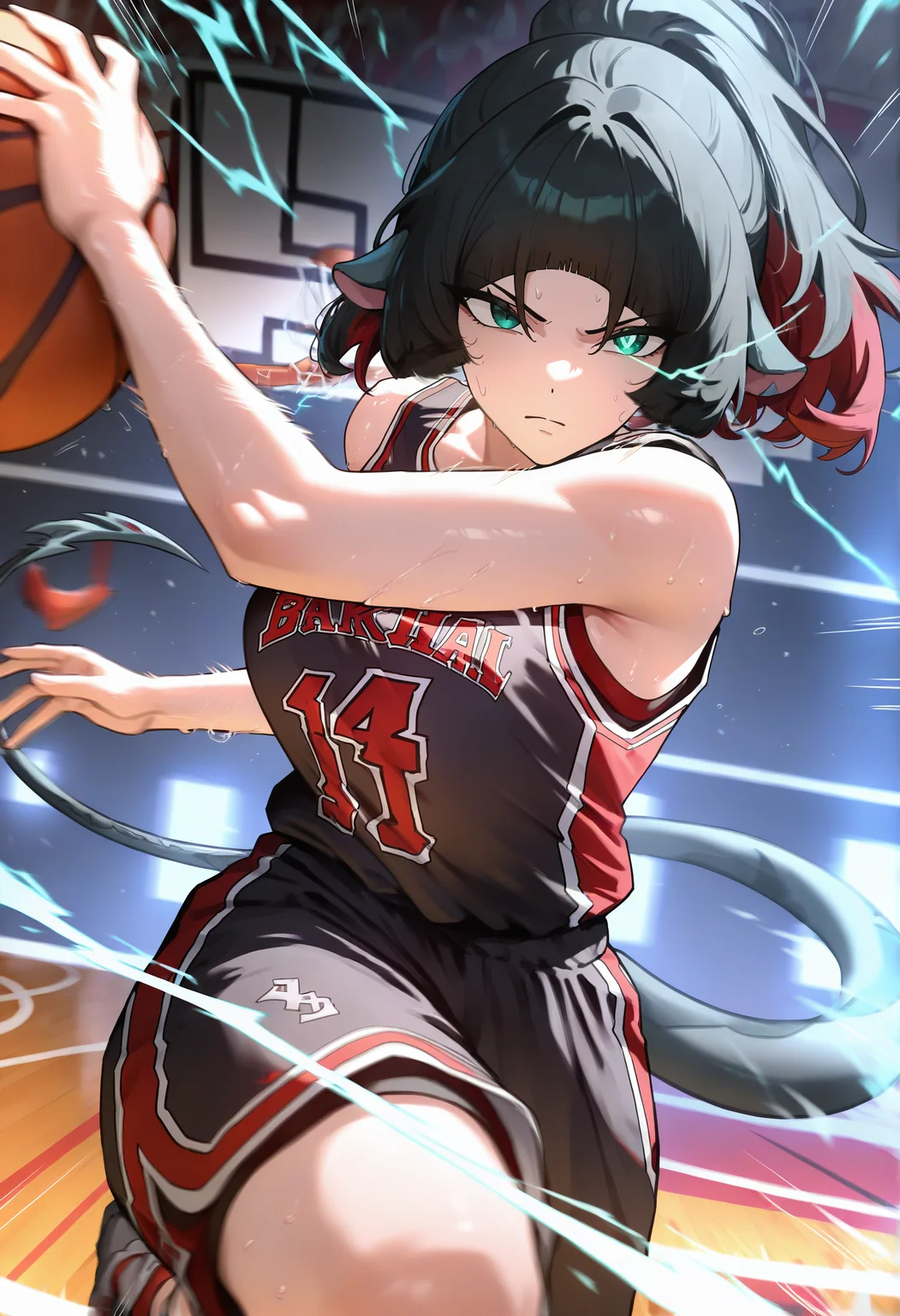 masterpiece, best quality, newest, absurdres, highres, basketball uniform, black uniform, motion lines, motion blur, 1girl, high ponytail, basketball, holding basketball, running, eye trail, electricity, <lora:zzz_janedoe_illustriousXL:1> j4ne d0e, tail, two-tone hair, black hair, red hair, blunt bangs, animal ears, green eyes, serious,