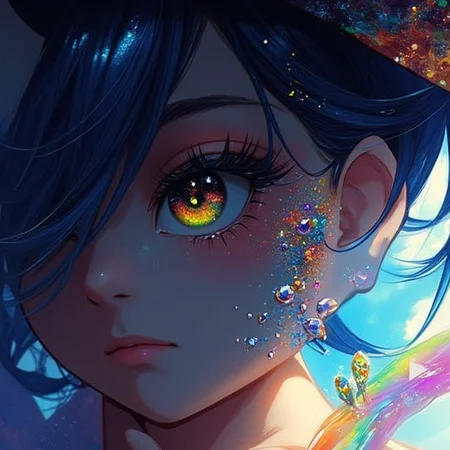 1other, long sleeves, dark-skinned female, a woman with a hat and a paint splatter on her face, a close up of a person's eye with snowflakes, blue skin, a woman with a diamond in her hand, collarbone, 2boys, 1girl, reflection, blue hair, a close up of a person's eye with a rainbow colored background, short hair, yellow eyes, covered mouth