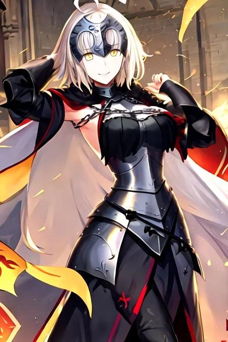 jeanne_d_arc_alter_fgo, yellow_eyes, breasts, ahoge, bangs, large_breasts, white_hair, long_hair, smile, cleavage, short_hair, hair_between_eyes, very_long_hair, grey_hair