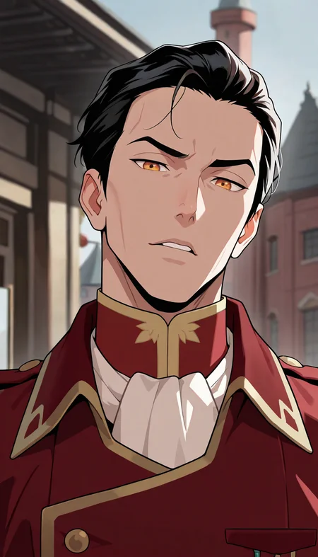 masterpiece,best quality,absurdres,newest,perfect quality,best quality,absolutely eye-catching,detailed background,intricate details,male focus,solo,<lora:Legend of Korra - General Iroh - Illustrious-000006:0.7>,geniroh,black hair,short hair,slicked back hair,amber eyes,red uniform coat,white neckerchief,outdoors,head tilt,looking at viewer,seductive look,portrait,