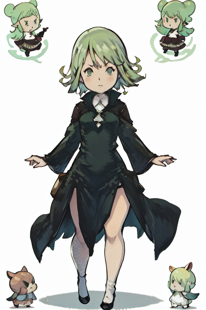 (Yoshida_Akihiko_PonyXL_style_v02.10.01:1.0) solo, 1girl, white background, (chibi head), cowboy shot, Tatsumaki171,green eyes,green hair,black dress,short hair,tatsumaki, green light aura, from above, hands up, (Bravely Default Style), yoshida akihiko, <lora:pony\char\anime\tatsumakiSDXLL.safetensors>, <lora:pony\style\Yoshida_Akihiko_PonyXL_style_v02.10.01.safetensors>, <lora:styles\yoshida_akihiko_offset.safetensors>, <lora:styles\BravelyDefault.safetensors>, <checkpoint:[Pony] prefectPonyXL_v10.safetensors>, <checkpoint:[SD15] tfmCutesyAnime2_genesis.safetensors>