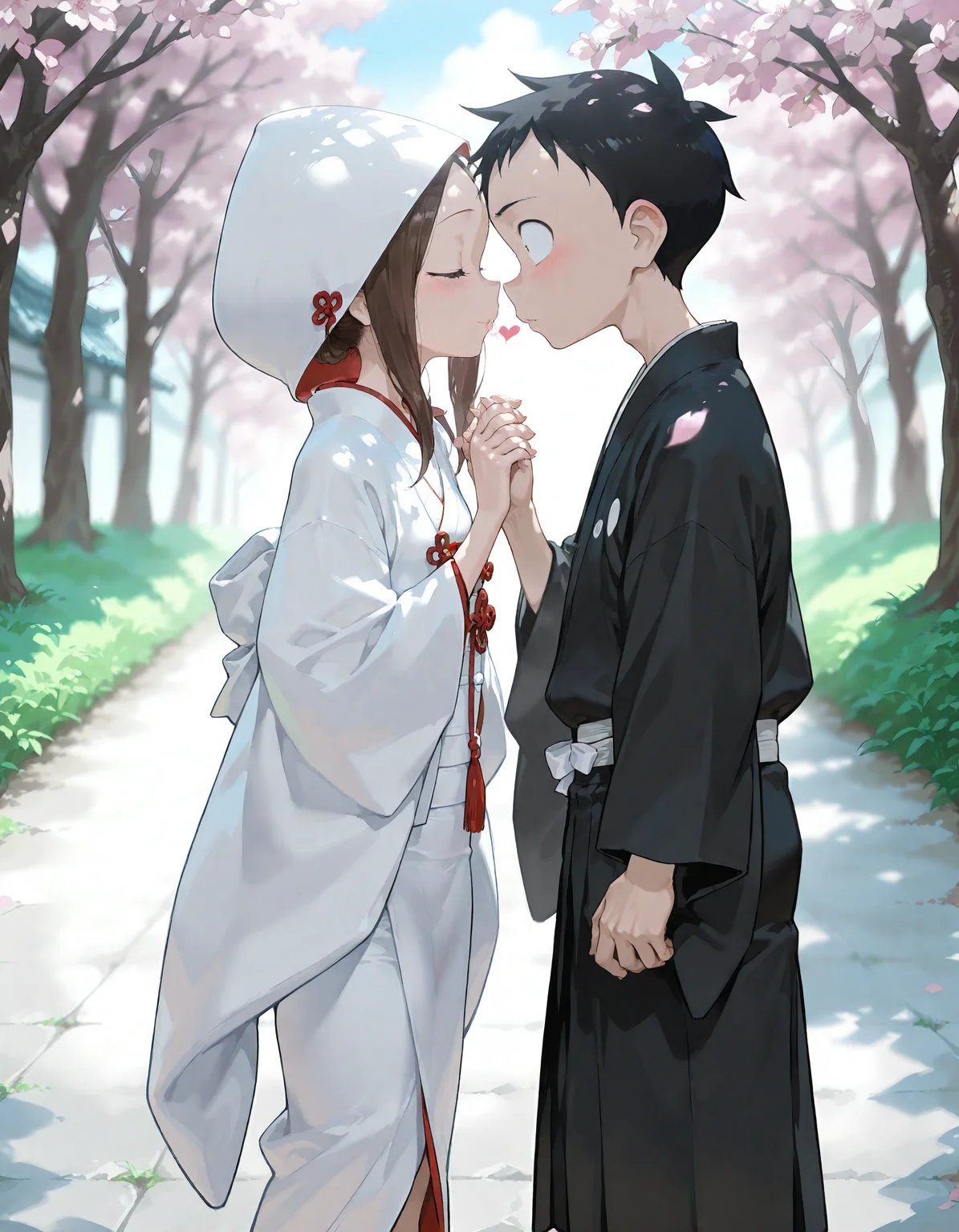 1girl,1boy,Nishikata,takagi-san,male black kimono,japanese_clothes,female white uchikake,imminent_kiss,facing_another,eye_contact,holding_hands,heart,cherry_blossoms,outdoors,depth_of_field,scenery,masterpiece,best quality,amazing quality,very aesthetic,absurdres,newest,sfw,<lora:Nishikata_-_Karakai_Jouzu_no_Takagi-san__Teasing_Master_Takagi-san_-_Illu:1>,<lora:ponyv4_noob1_2_adamW:1>,<lora:age_slider_v4:3>,<lora:hand 5.5:1>,