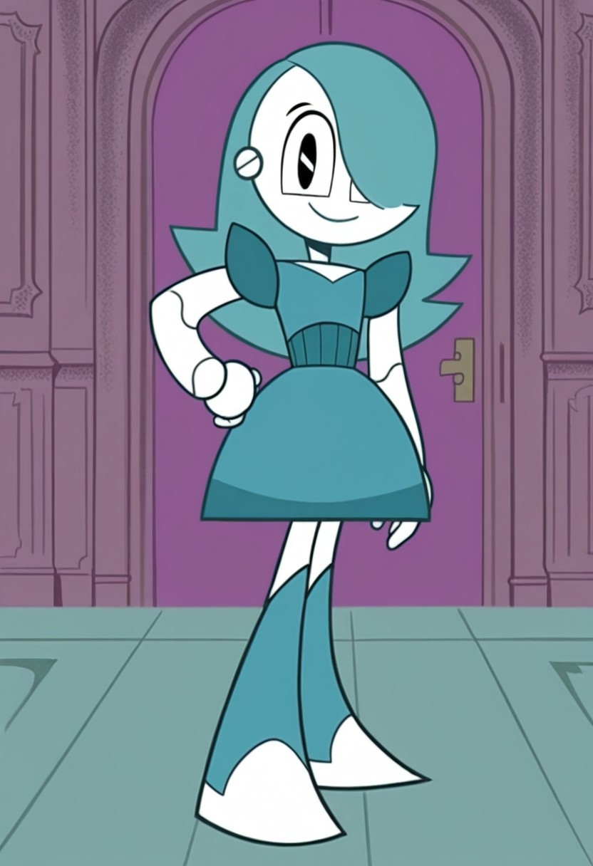 score_10, score_9_up, score_8_up, score_7_up, score_6_up, dance dress jenny, jenny wakeman, 1girl, solo, robot joints, black eyes, long hair, hair over one eye, the Farrah hairstyle, poofy dress, blue hair, blue dress, flat colors, hand on hip, looking at viewer, smile, full body, cowboy shot, indoors, purple dance party background