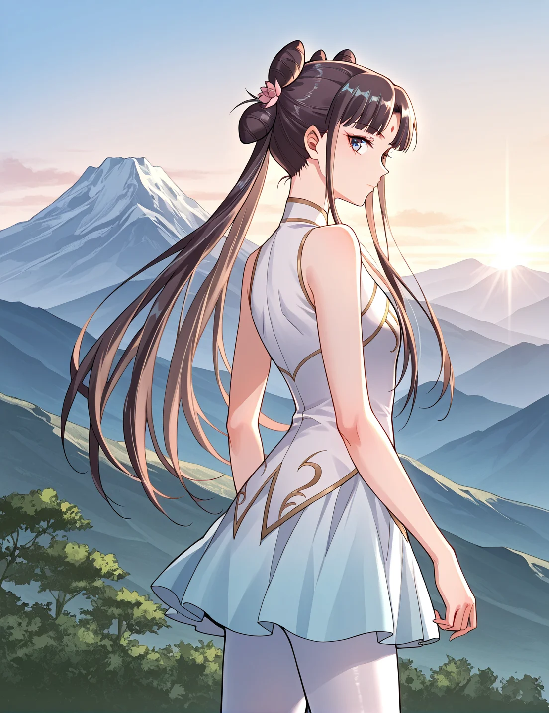 <lora:Gu_Xianer:1>
1 girl, solo, long hair, black hair, twintails, long hair, hair bun, bangs, sidelocks, double bun, blue eyes
chinese dress, forehead mark, skirt, high heels, bare shoulders, white pantyhose, sleeveless, hair flower, hair ornament
score_9, score_8_up, score_7_up, source anime, BREAK, cowboy shot, (from side), looking back, looking at viewer, overlooking mountain, high altitude, scenery, exterior, background, (solo), perfect hands