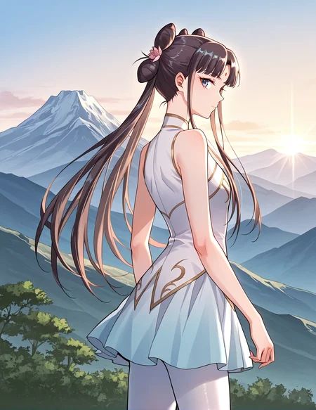 <lora:Gu_Xianer:1>
1 girl, solo, long hair, black hair, twintails, long hair, hair bun, bangs, sidelocks, double bun, blue eyes
chinese dress, forehead mark, skirt, high heels, bare shoulders, white pantyhose, sleeveless, hair flower, hair ornament
score_9, score_8_up, score_7_up, source anime, BREAK, cowboy shot, (from side), looking back, looking at viewer, overlooking mountain, high altitude, scenery, exterior, background, (solo), perfect hands