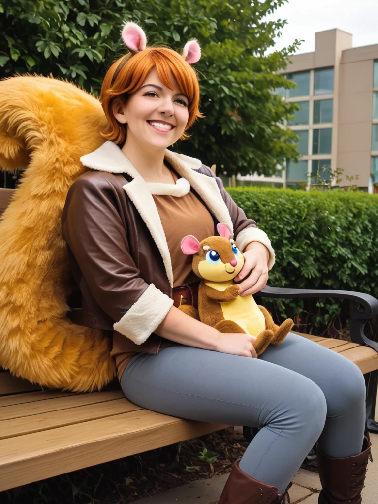 <lora:SQ-girl-Cosplay:1>1girl, sitting, pants, realistic, smile, jacket, jeans, denim, belt, solo, bench, on lap, holding animal, orange hair, animal on lap, outdoors, grin, fur trim, dated, teeth, brown hair, brown jacket, artist name, boots, shirt, blue pants, short hair, squirrel tail, squirrel ears, squirrel girl, fur-trimmed jacket, squirrel, sittingâââ