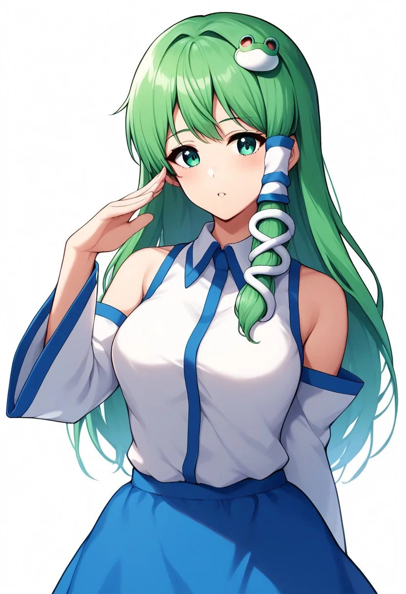 Score_9, score_8_up, score_7_up, score_6_up, score_5_up,  source_anime, 1girl, solo, female focus, looking at viewer, upper body, (cowboy shot, white backdrop),  arm behind back, BREAK,  <lora:Inoue_Nanaki_Style:1>, BREAK, kochiya sanae, 1girl, green hair, long hair, green eyes, frog hair ornament, hair tubes, snake hair ornament, collared shirt, white shirt, detached sleeves, wide sleeves, blue skirt, frilled skirt