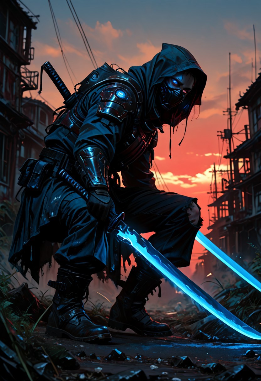 masterwork, masterpiece, best quality, detailed, depth of field, , high detail, best quality, very aesthetic, 8k, photorealistic, realistic skin, deep colour, high contrast, hyperdetailed, matte digital painting, trending on artstation, sharp edges, precise, clear focus, detailed face, face focus, sideview, wide shot, looking at viewer, 
 futuristic, gritty. 
line art, ink art of a woman, solo, soldier, enigmatic, (glowing red eyes), matte black modular suit of armor, molded armour, whole body protection, heavy boots, holding a katana, (blue glowing blade:1.8), ready to fight, fighting stance. Deep hood, black face mask, pale skin, 
background war-torn urban landscapes, dramatic lighting, dynamic angle, whole body, face focus, high contrast, deep shadows, distant fires, smoky sky, matte painting, 
 STP-Illu
