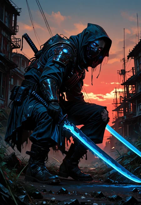masterwork, masterpiece, best quality, detailed, depth of field, , high detail, best quality, very aesthetic, 8k, photorealistic, realistic skin, deep colour, high contrast, hyperdetailed, matte digital painting, trending on artstation, sharp edges, precise, clear focus, detailed face, face focus, sideview, wide shot, looking at viewer, 
 futuristic, gritty. 
line art, ink art of a woman, solo, soldier, enigmatic, (glowing red eyes), matte black modular suit of armor, molded armour, whole body protection, heavy boots, holding a katana, (blue glowing blade:1.8), ready to fight, fighting stance. Deep hood, black face mask, pale skin, 
background war-torn urban landscapes, dramatic lighting, dynamic angle, whole body, face focus, high contrast, deep shadows, distant fires, smoky sky, matte painting, 
 STP-Illu