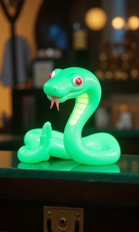 jade_snake, shebaaobao, neouv, cartoon snake made out of glowing illuminated iridescent jade ready to bite somebody on the counter of a pawn shop in New York City <lora:jadesnakeflux-000001.safetensors:1.0> <lora:shebaobao_flux_snake_Cartoon_v2.safetensors:1.0> <lora:neouv_flux_03.safetensors:1.0>