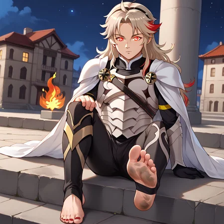 masterpiece, best quality, sharp aliasing, highly detailed, 1male, male body, male,EPfeCorrin, white cape with flames, armour, black gloves, black pants, wearing pants, outdoors, stone tiled ground, buildings, night, barefoot, toeless legwear, armoured legwear, shin armour, leg armour, leg and shin amour, stirrup legwear, black stirrups, 5 toes, Quality, High Definition, Full body view, solo, rengoku kyojuro, forked eyebrowns, long hair, two-etone hair, multicolored hair, red eyes, sword, red toenails, dirty feet, glowing eyes, sitting on ledge, feet, focus, sleeping, snoring, feet, soles