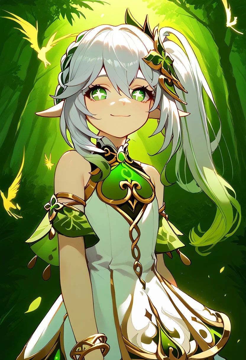 score_9,score_8_up,score_7_up, nahida, my nahida, genshin, white hair, pointy ears, long hair, side ponytail, multicolored hair, hair between eyes, gradient hair, hair ornament, cross-shaped pupils, green eyes, 1girl, solo, Expressiveh, dress, white dress, sleeveless dress, detached sleeves, bare shoulders, jewelry, bracelet, anime style, dynamic lighting, masterpiece, Expressiveh, smile, forest, look at viewver, hd,