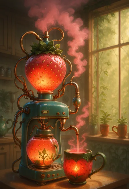 masterpiece, best quality, strbrry, coffee machine, <lora:StrawberryWorldMorph_IXL_v1:1.0>,