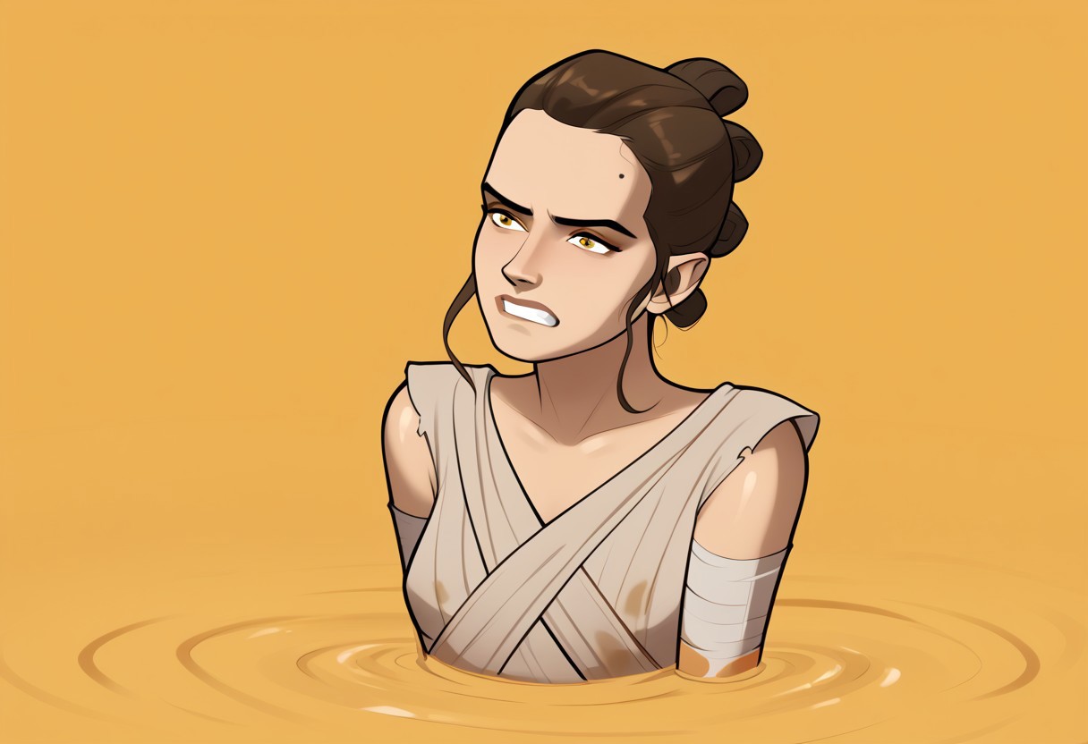 score_9, score_8_up, score_7_up, 1girl, attractive woman, rey skywalker, sinking into quicksand, desert background, struggling, sinking, dynamic pose