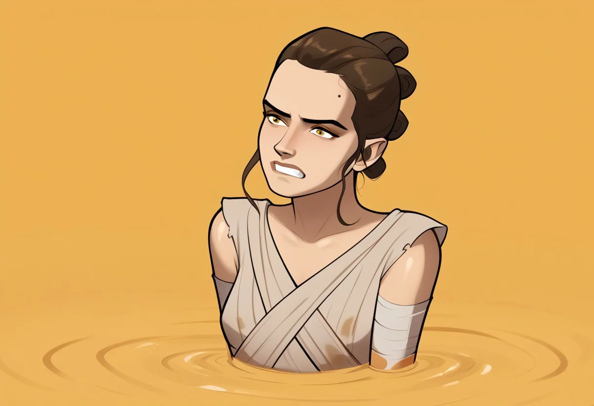 score_9, score_8_up, score_7_up, 1girl, attractive woman, rey skywalker, sinking into quicksand, desert background, struggling, sinking, dynamic pose