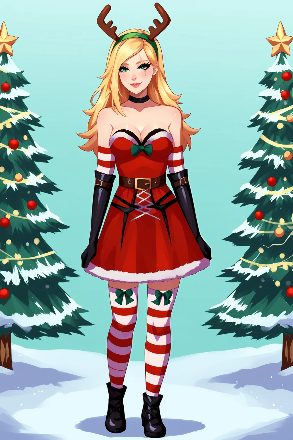 score_9, score_8_up, score_7_up, score_6_up, BREAK, KatarinaSBXL, scar on eye, green eyes, blonde hair, long hair, reindeer antlers, green hairband, black choker, medium breasts, santa costume, cleavage, fur trim, strapless dress, red dress, detached sleeves, black elbow gloves, striped thighhighs, black shoes, solo, full body, standing, seductive smile, looking at viewer, forest, tree <lora:KatarinaSBXL:1>