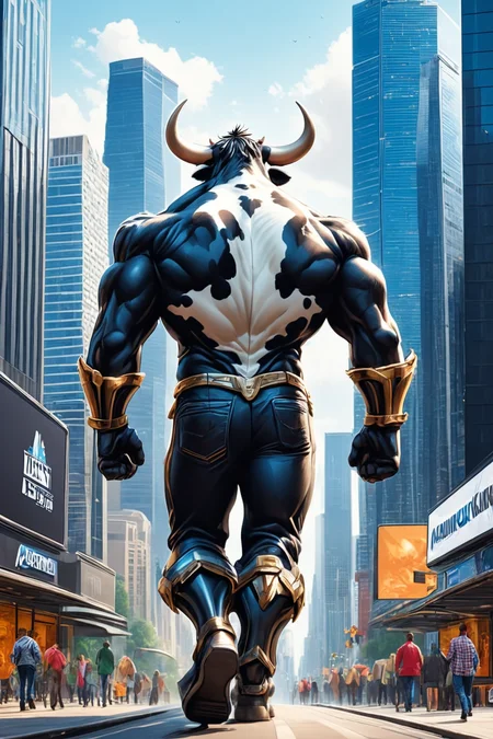 Detailed digital illustration of an anthro Cow (Walking away confidently, leaving an impression) at a Augmented reality billboards covering skyscrapers, <lora:xl_more_art-full_v1:0.5>, <lora:anthro_muscular:0.7> , <lora:madpunk:0.4> madpunk