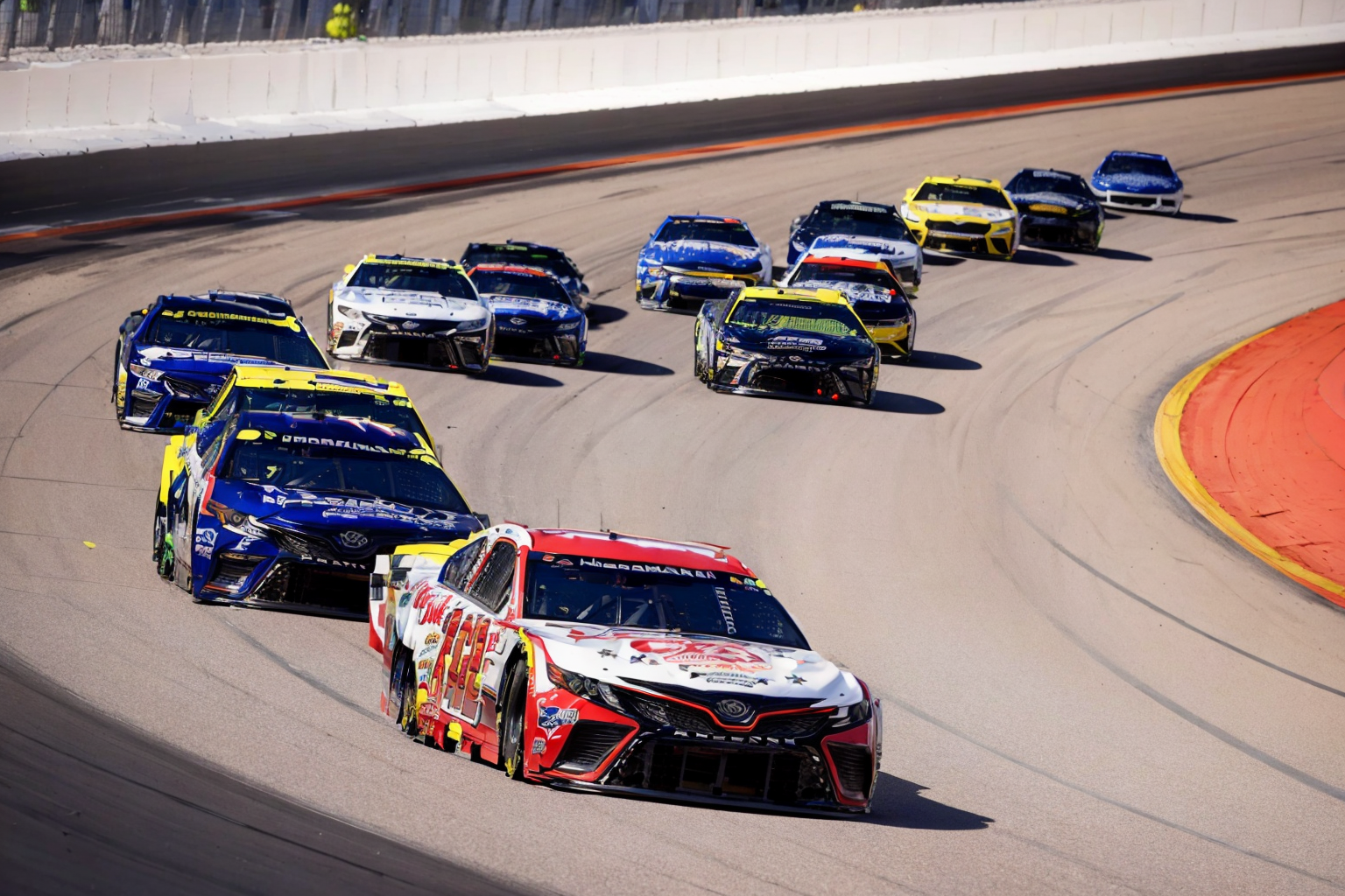 (masterpiece, best quality:1.2), ultra-detailed, group of cars racing on track  EdobNascarRace, (realistic:1.5), <lora:EdobNascarRace_v1.0:1>